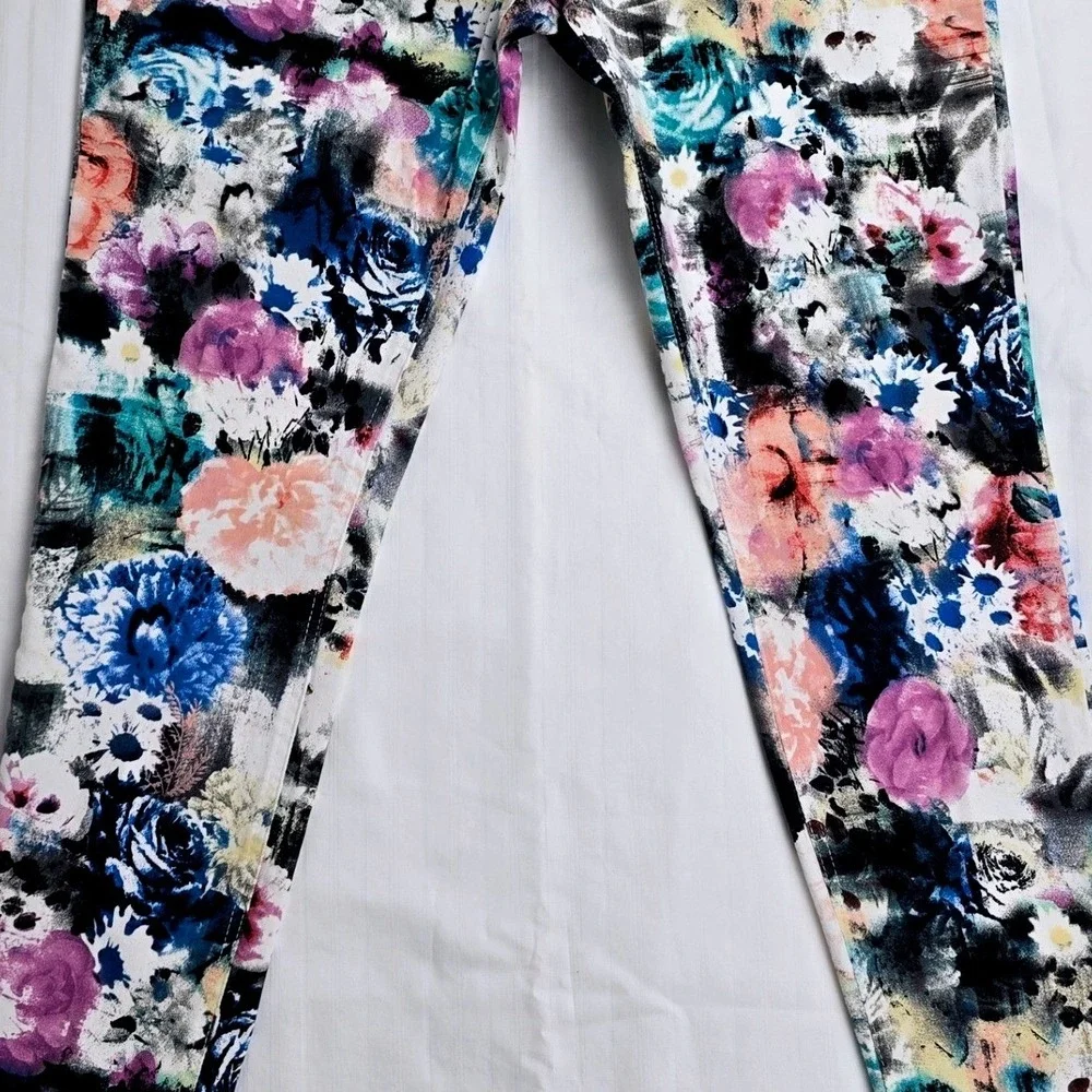 Zeza B Floral Womens Print Mid Rise Pants XL Multi Color Stretch‎ Cotton Blend
